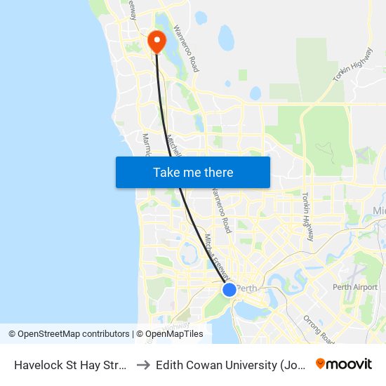 Havelock St Hay Street Cat Id 144 to Edith Cowan University (Joondalup Campus) map