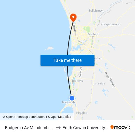 Badgerup Av Mandurah Baptist College Stand 2 to Edith Cowan University (Joondalup Campus) map