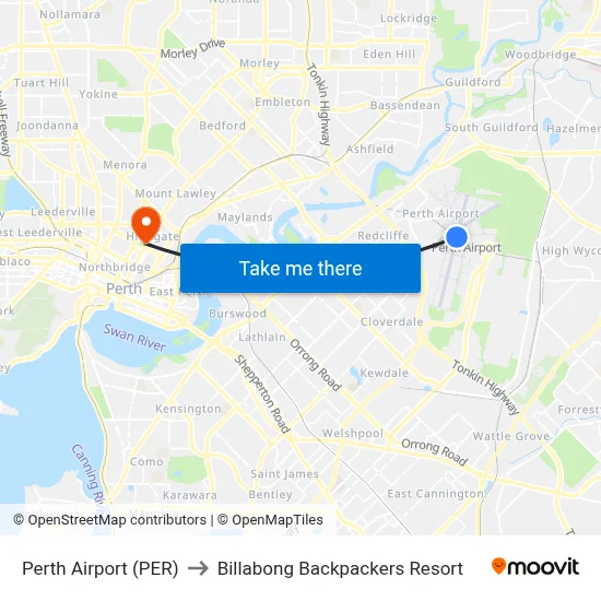 Perth Airport (PER) to Billabong Backpackers Resort map