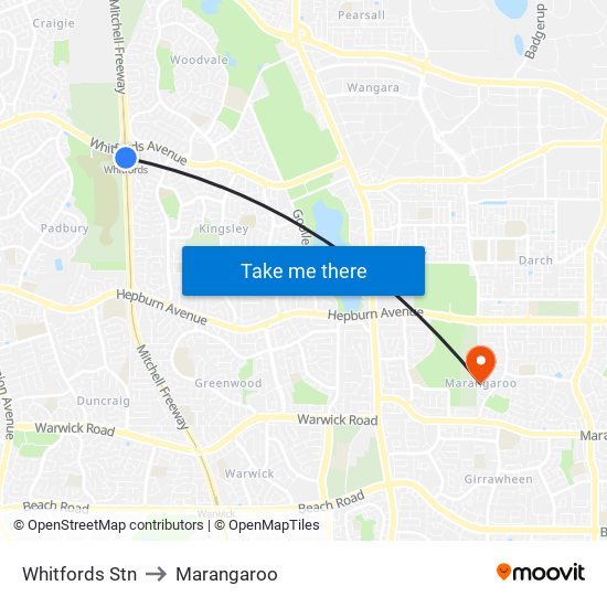 Whitfords Stn to Marangaroo map