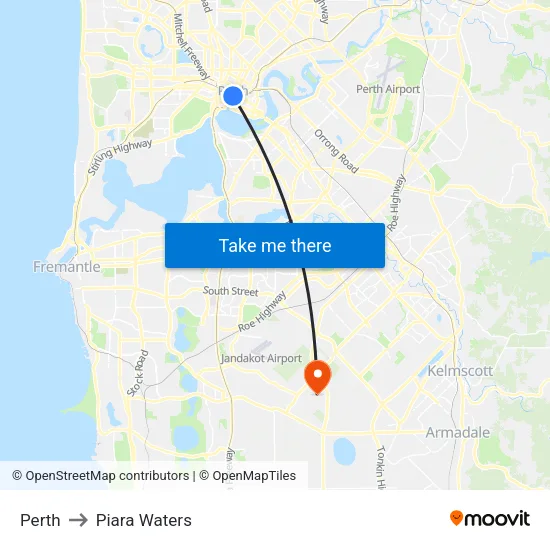 Perth to Piara Waters map