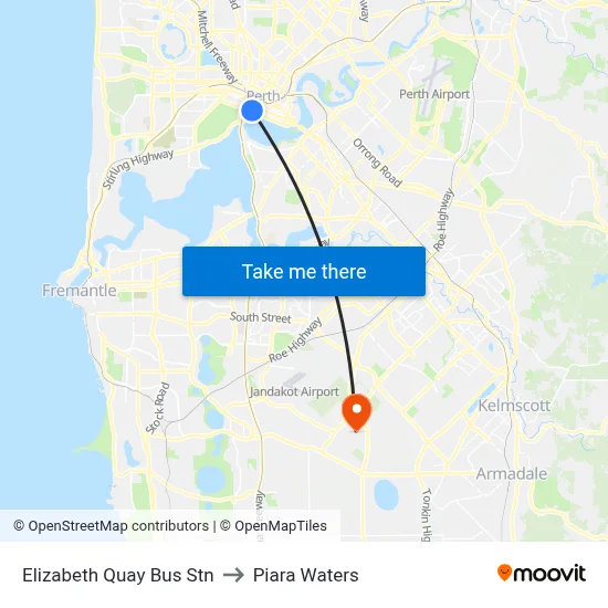 Elizabeth Quay Bus Stn to Piara Waters map