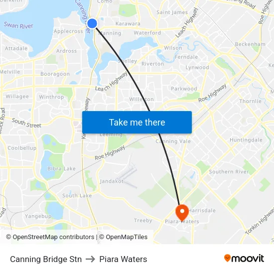 Canning Bridge Stn to Piara Waters map