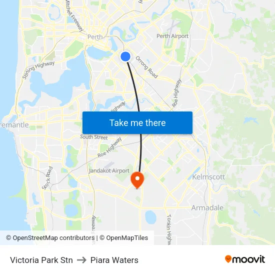 Victoria Park Stn to Piara Waters map