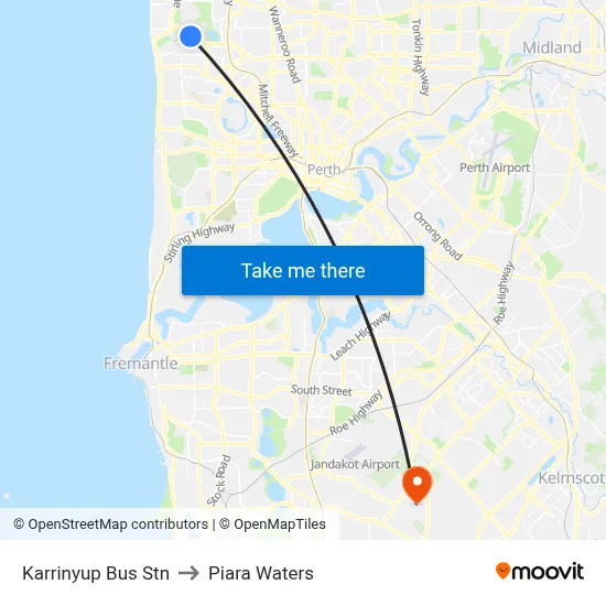 Karrinyup Bus Stn to Piara Waters map