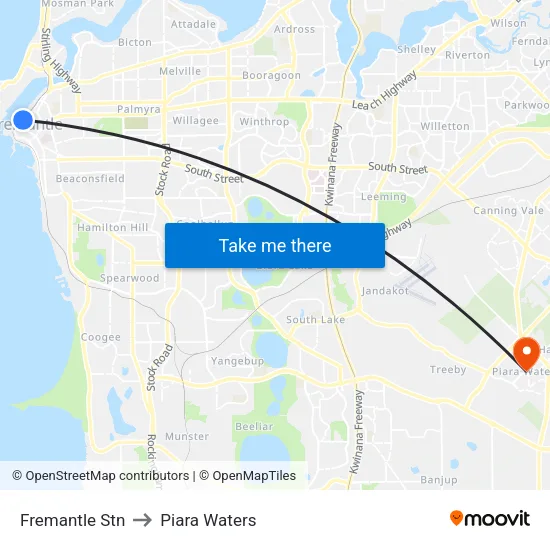 Fremantle Stn to Piara Waters map