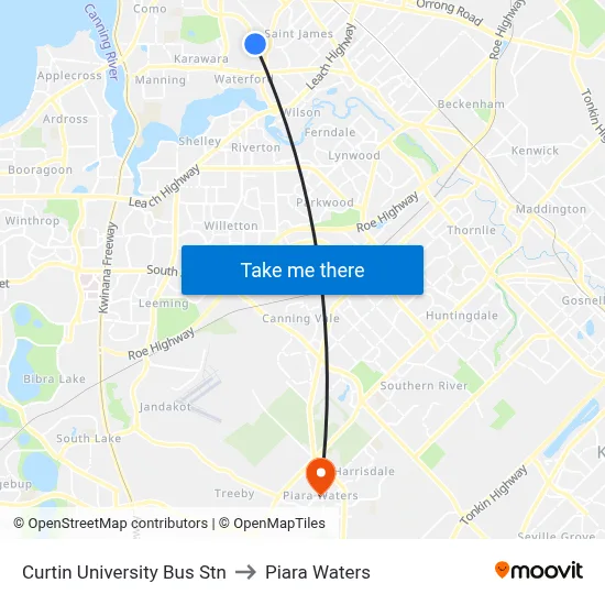 Curtin University Bus Stn to Piara Waters map