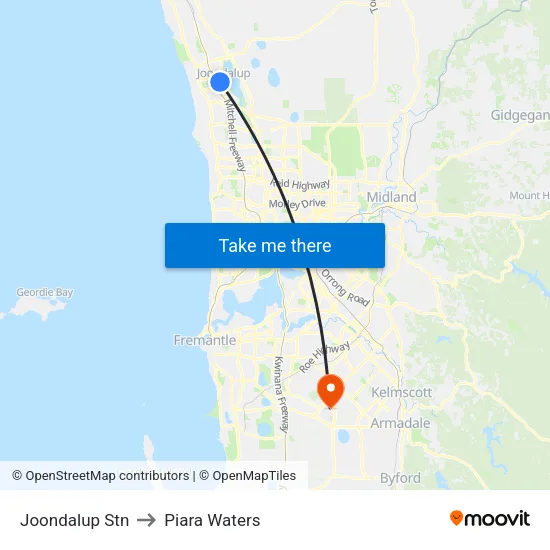 Joondalup Stn to Piara Waters map