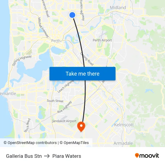 Galleria Bus Stn to Piara Waters map