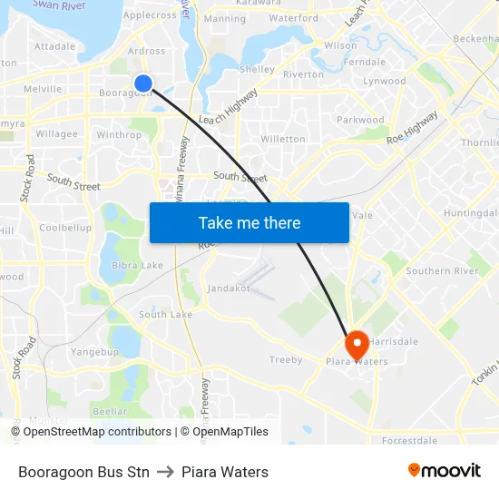 Booragoon Bus Stn to Piara Waters map