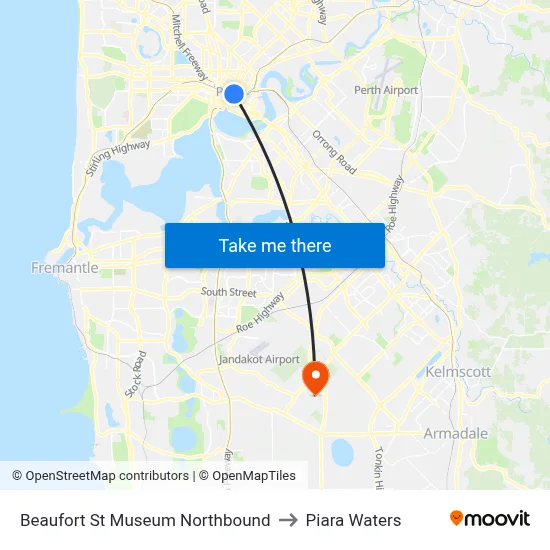 Beaufort St Museum Northbound to Piara Waters map