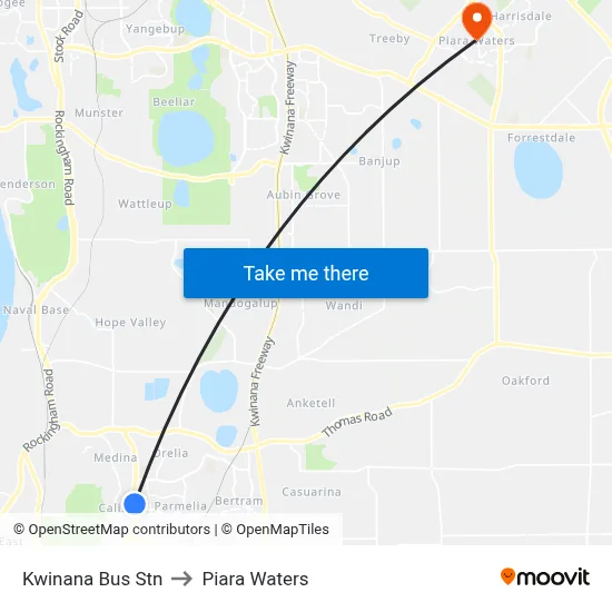 Kwinana Bus Stn to Piara Waters map