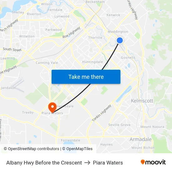 Albany Hwy Before the Crescent to Piara Waters map