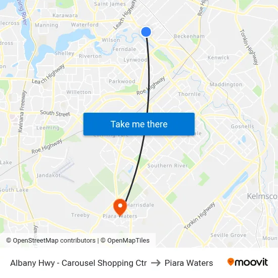 Albany Hwy - Carousel Shopping Ctr to Piara Waters map