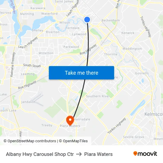 Albany Hwy Carousel Shop Ctr to Piara Waters map