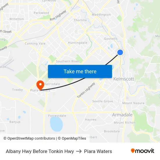 Albany Hwy Before Tonkin Hwy to Piara Waters map