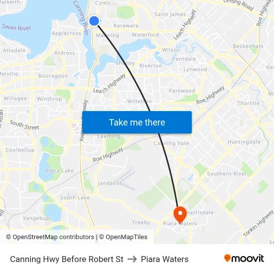 Canning Hwy Before Robert St to Piara Waters map