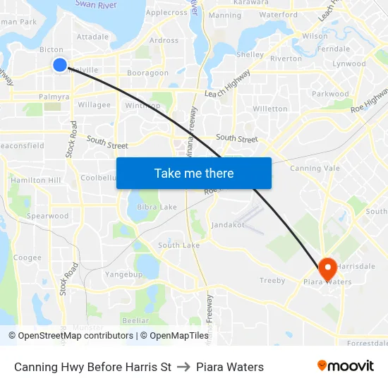 Canning Hwy Before Harris St to Piara Waters map
