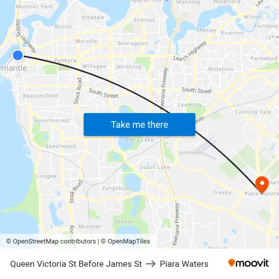 Queen Victoria St Before James St to Piara Waters map
