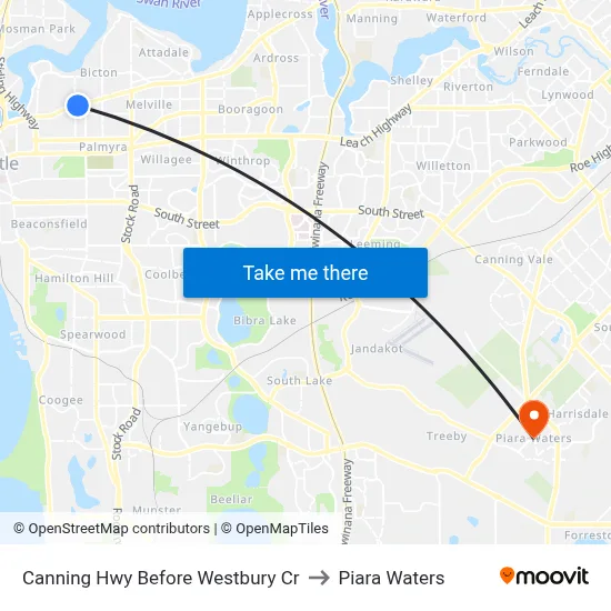 Canning Hwy Before Westbury Cr to Piara Waters map