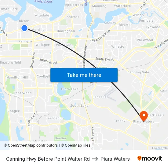 Canning Hwy Before Point Walter Rd to Piara Waters map