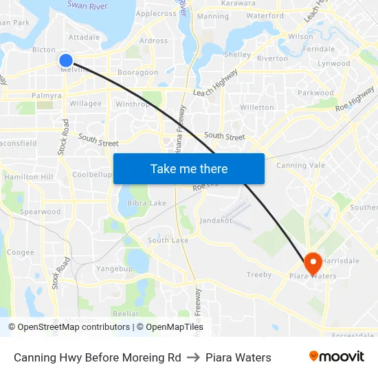 Canning Hwy Before Moreing Rd to Piara Waters map