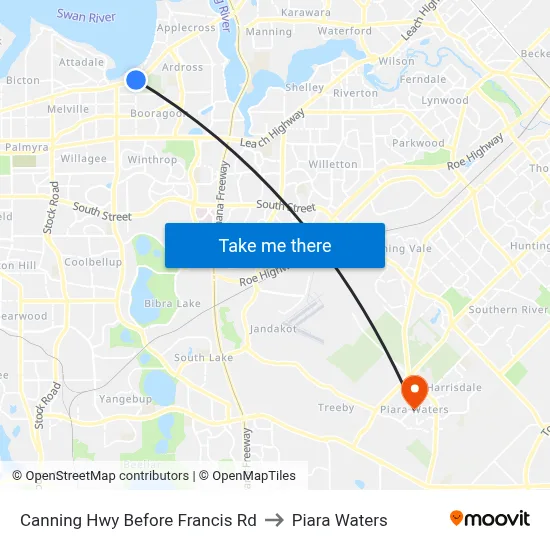 Canning Hwy Before Francis Rd to Piara Waters map
