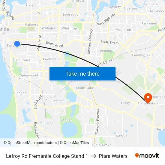 Lefroy Rd Fremantle College Stand 1 to Piara Waters map