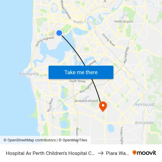 Hospital Av Perth Children's Hospital Cat Id 132 to Piara Waters map