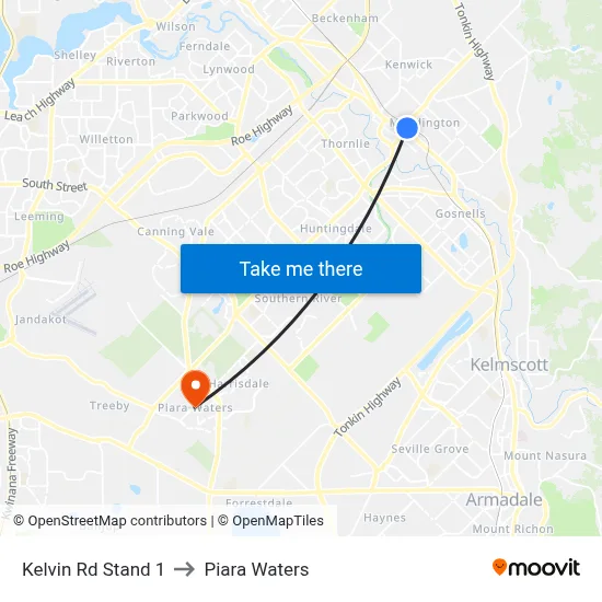 Kelvin Rd Stand 1 to Piara Waters map
