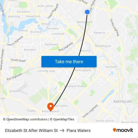 Elizabeth St After William St to Piara Waters map