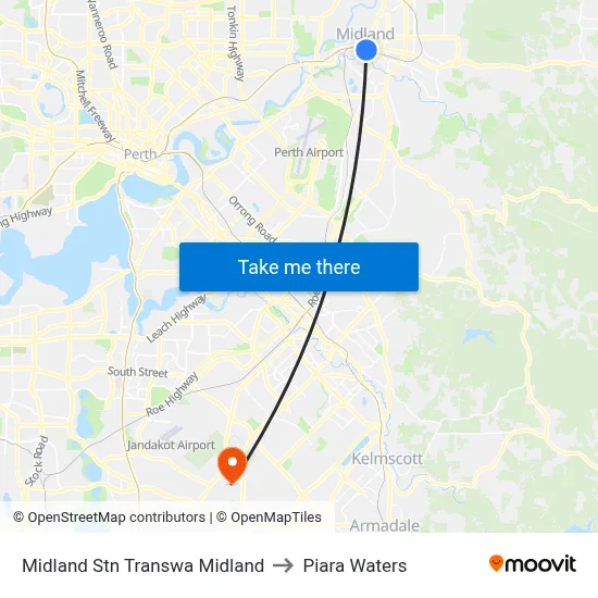 Midland Stn Transwa Midland to Piara Waters map