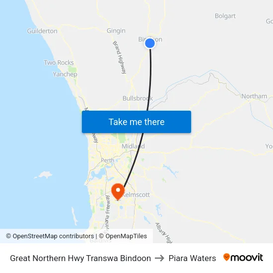 Great Northern Hwy Transwa Bindoon to Piara Waters map