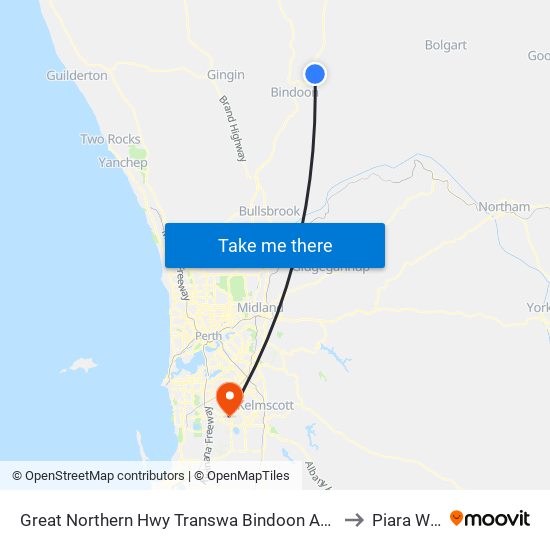 Great Northern Hwy Transwa Bindoon Agricultural College to Piara Waters map