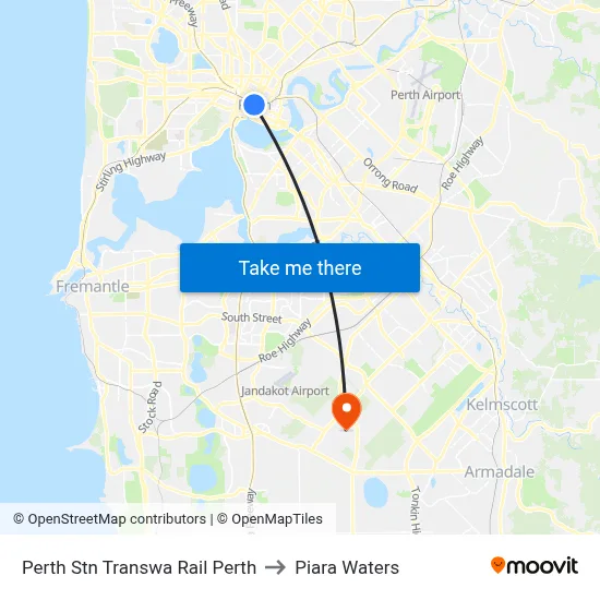 Perth Stn Transwa Rail Perth to Piara Waters map