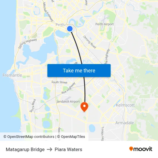 Matagarup Bridge to Piara Waters map