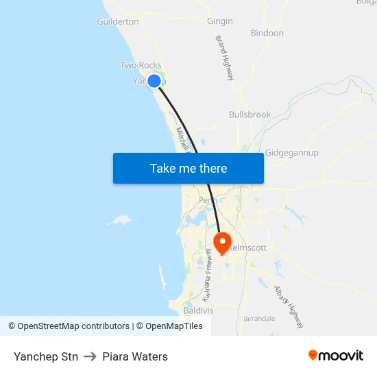 Yanchep Stn to Piara Waters map