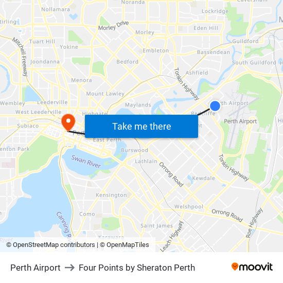 Perth Airport to Four Points by Sheraton Perth map