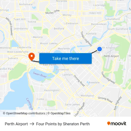 Perth Airport to Four Points by Sheraton Perth map