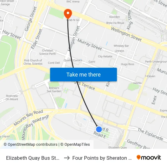 Elizabeth Quay Bus Station to Four Points by Sheraton Perth map