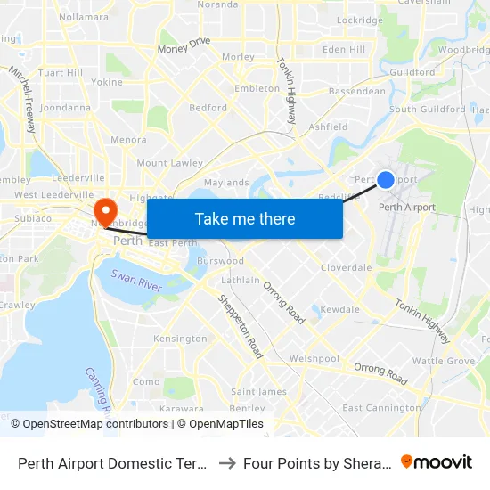 Perth Airport Domestic Terminal T3 T4 to Four Points by Sheraton Perth map