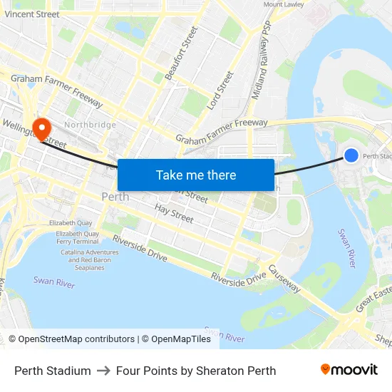 Perth Stadium to Four Points by Sheraton Perth map