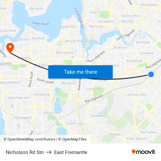 Nicholson Rd Stn to East Fremantle map
