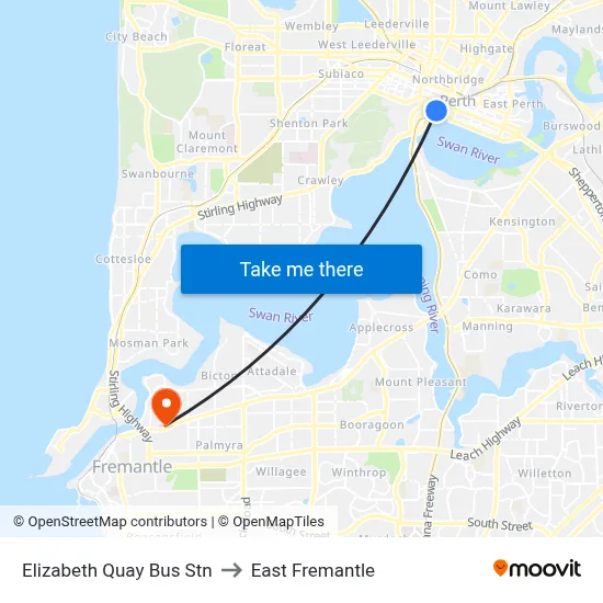 Elizabeth Quay Bus Stn to East Fremantle map