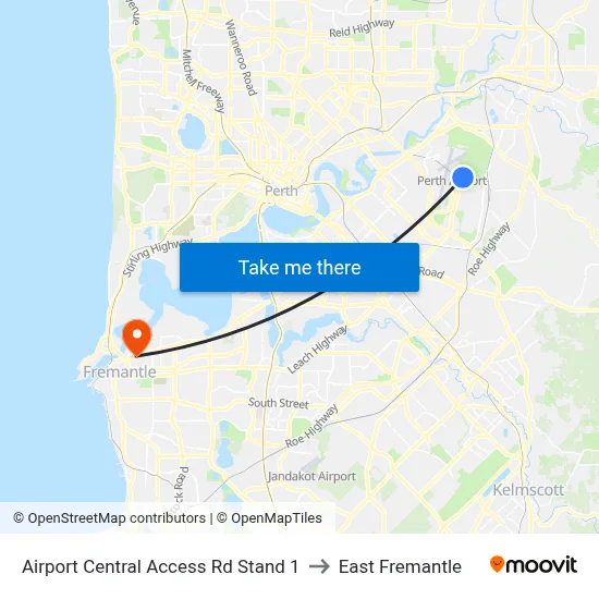 Airport Central Access Rd Stand 1 to East Fremantle map