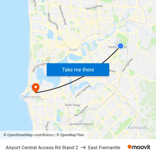 Airport Central Access Rd Stand 2 to East Fremantle map