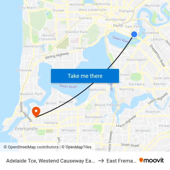 Adelaide Tce, Westend Causeway Eastbound to East Fremantle map