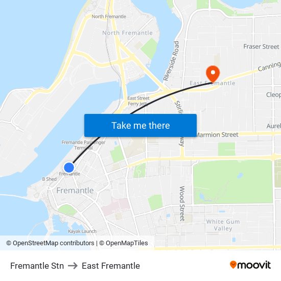 Fremantle Stn to East Fremantle map