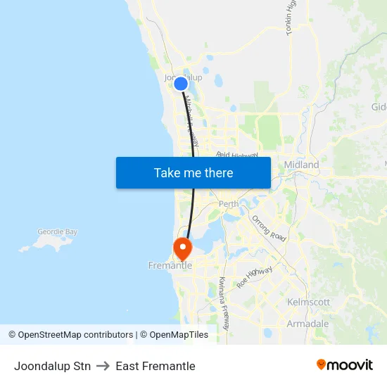 Joondalup Stn to East Fremantle map