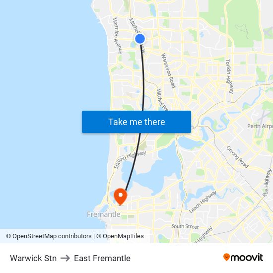 Warwick Stn to East Fremantle map